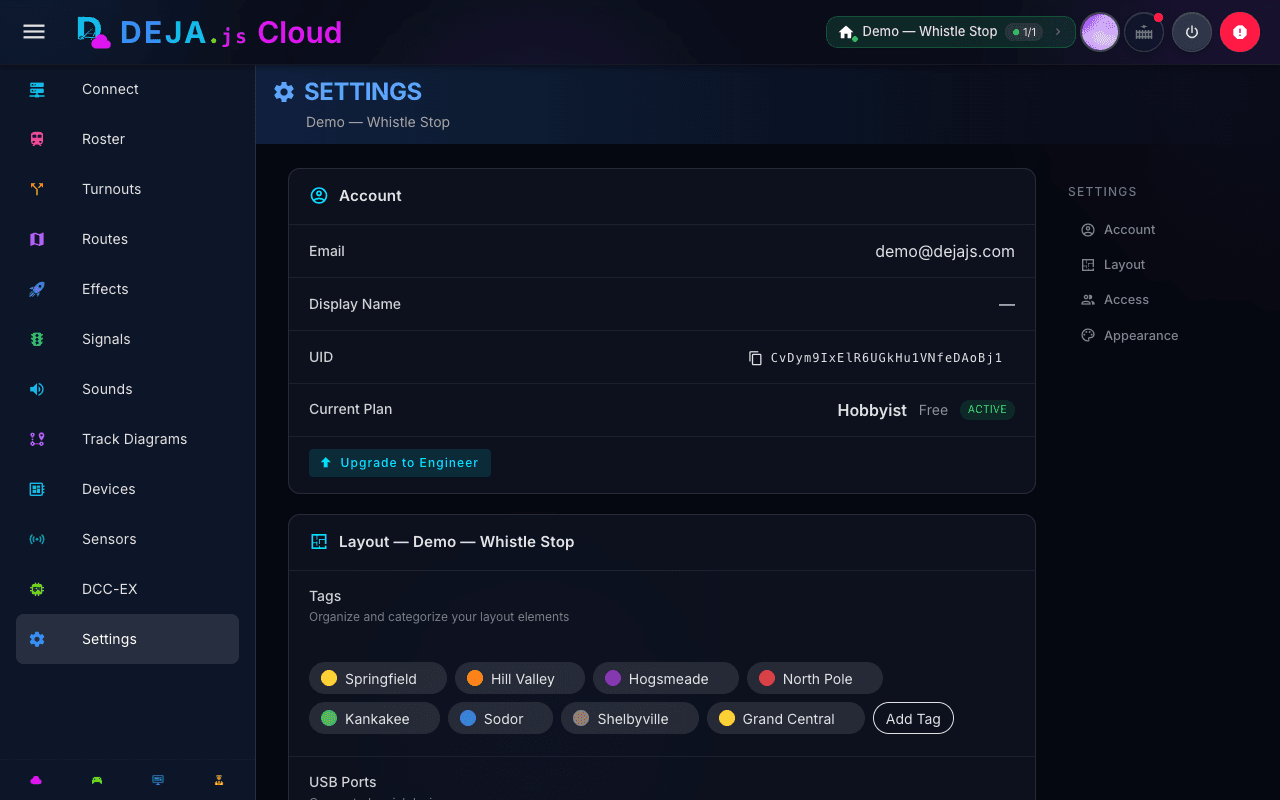 DEJA Cloud — layout settings