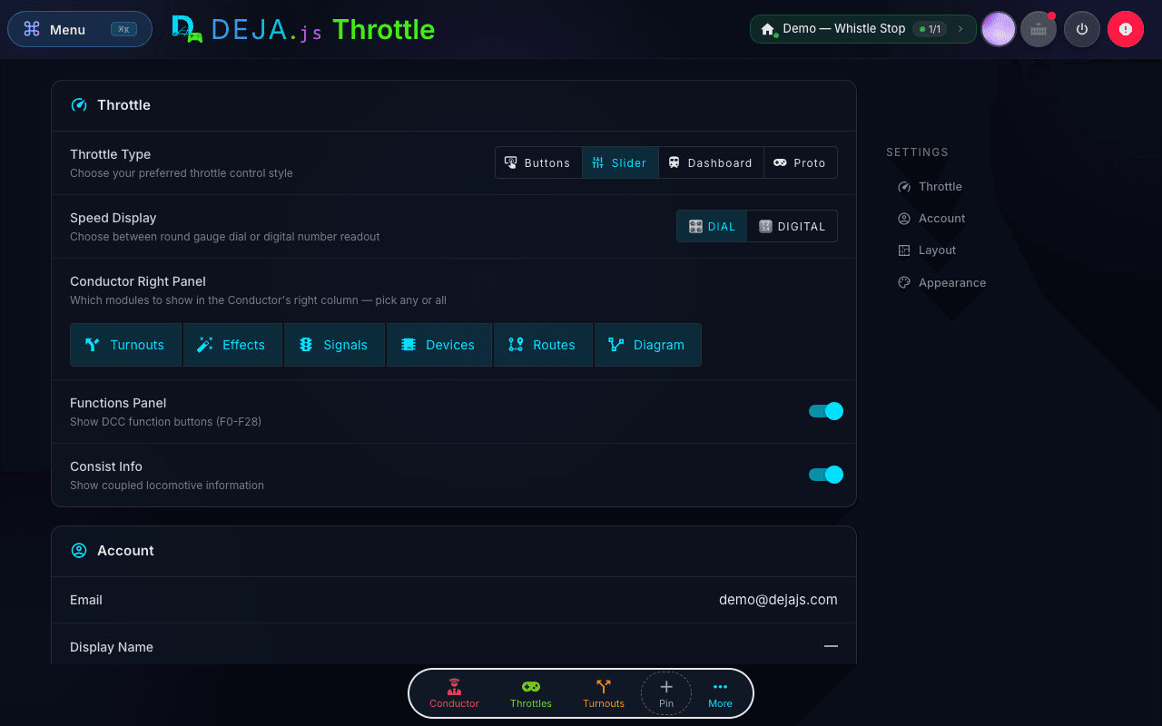DEJA Throttle — settings