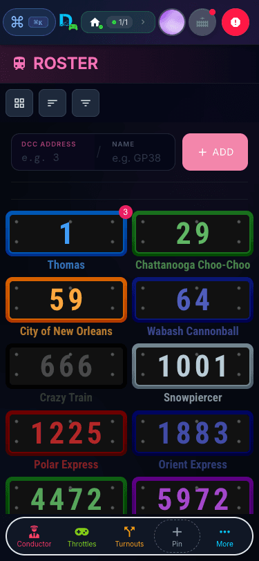 DEJA Throttle — mobile roster in nameplate view