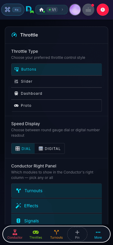DEJA Throttle — mobile settings