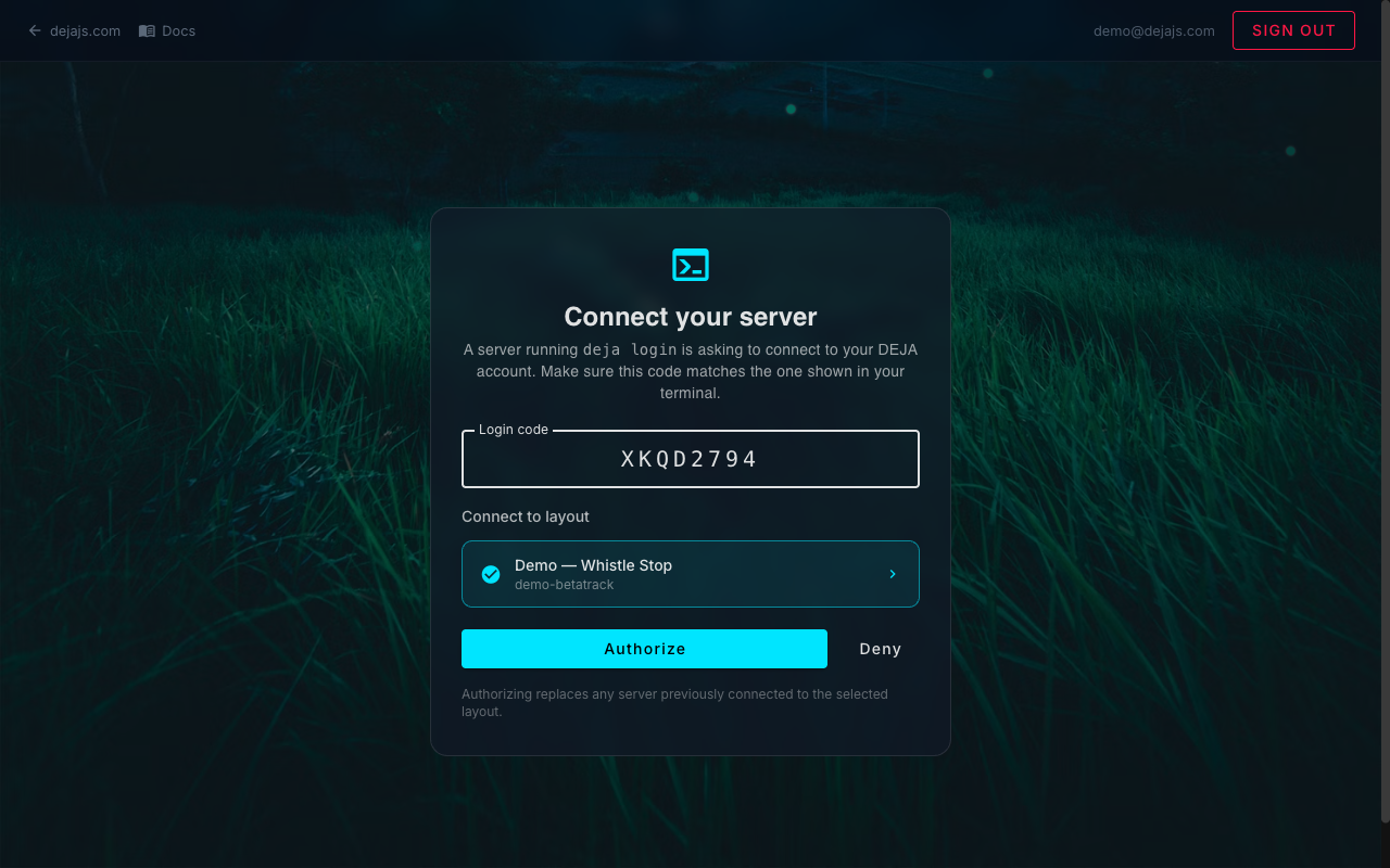 Authorize page shown when a server runs deja login